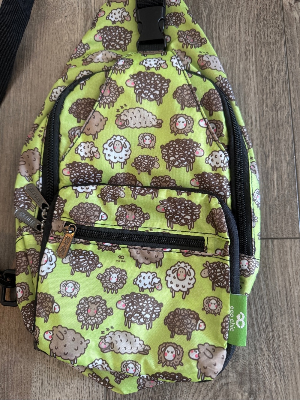 Eco Chic Lightweight Foldable Crossbody Sling Bag - Cute Green Sheep